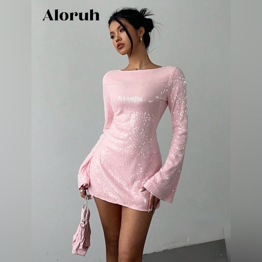 NWOT SHEIN Pink Sequin Long-Sleeve Mini Dress Size L